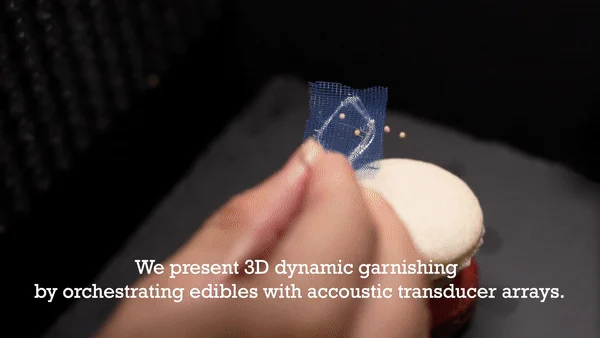 Food garnishes suspended and moving in mid-air above a presentation